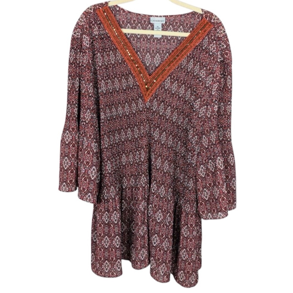 Catherines Boho Bell Sleeves Geometric Print Blouse in Brown and Rust Size 5X